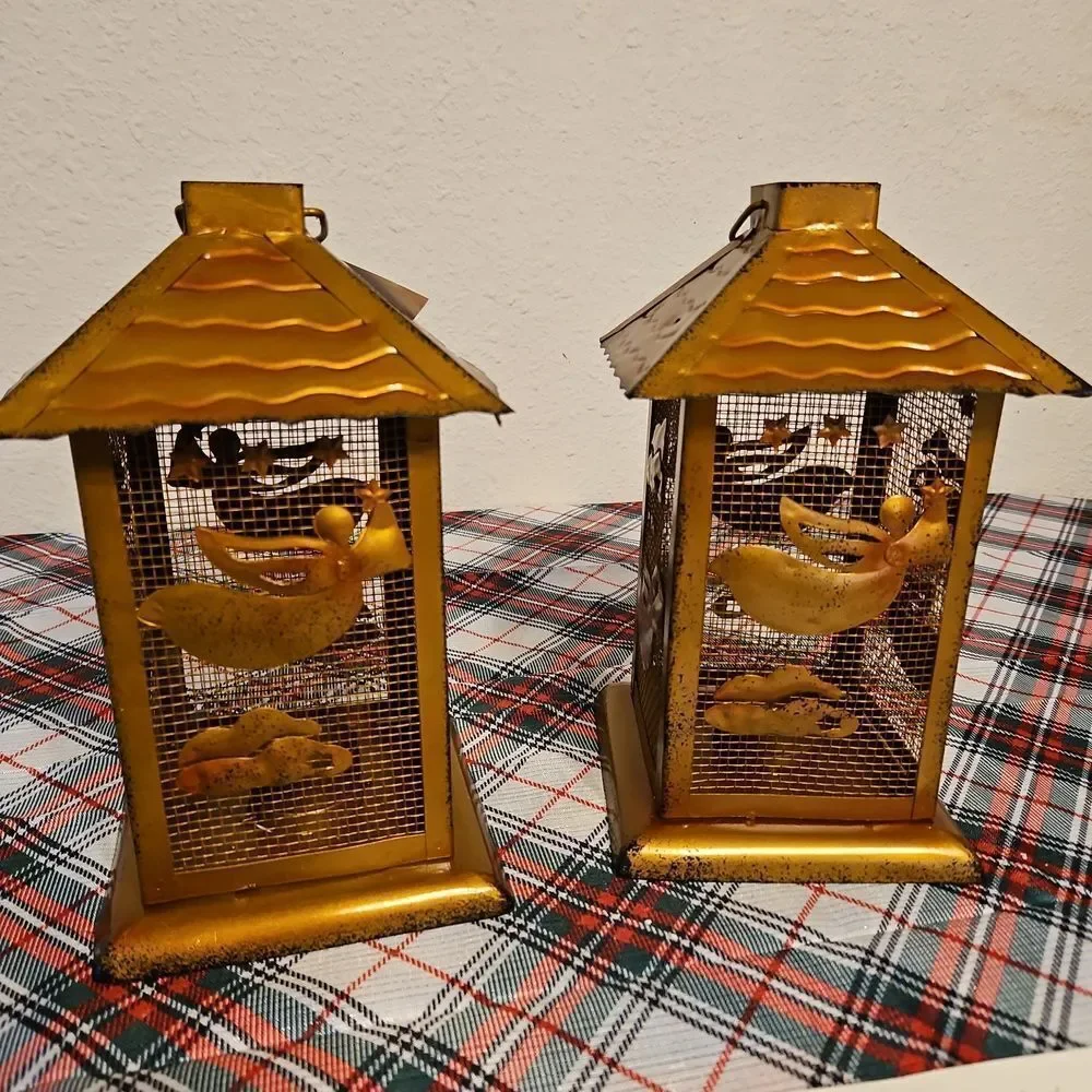 Set of 2 Jackson & Perkins Burnished Golden Angel Metal Lanterns